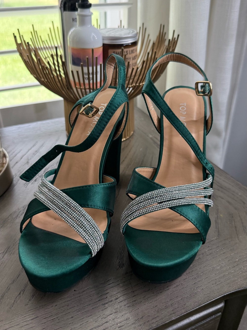 Used Top Moda Emerald Green Rhinestone Platform Heels - Picture 2 of 6